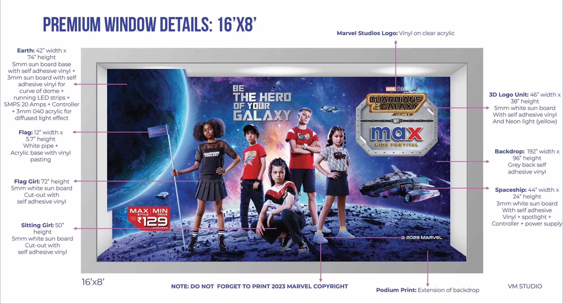 Guardians of the Galaxy window display for Max, annotated element breakdown