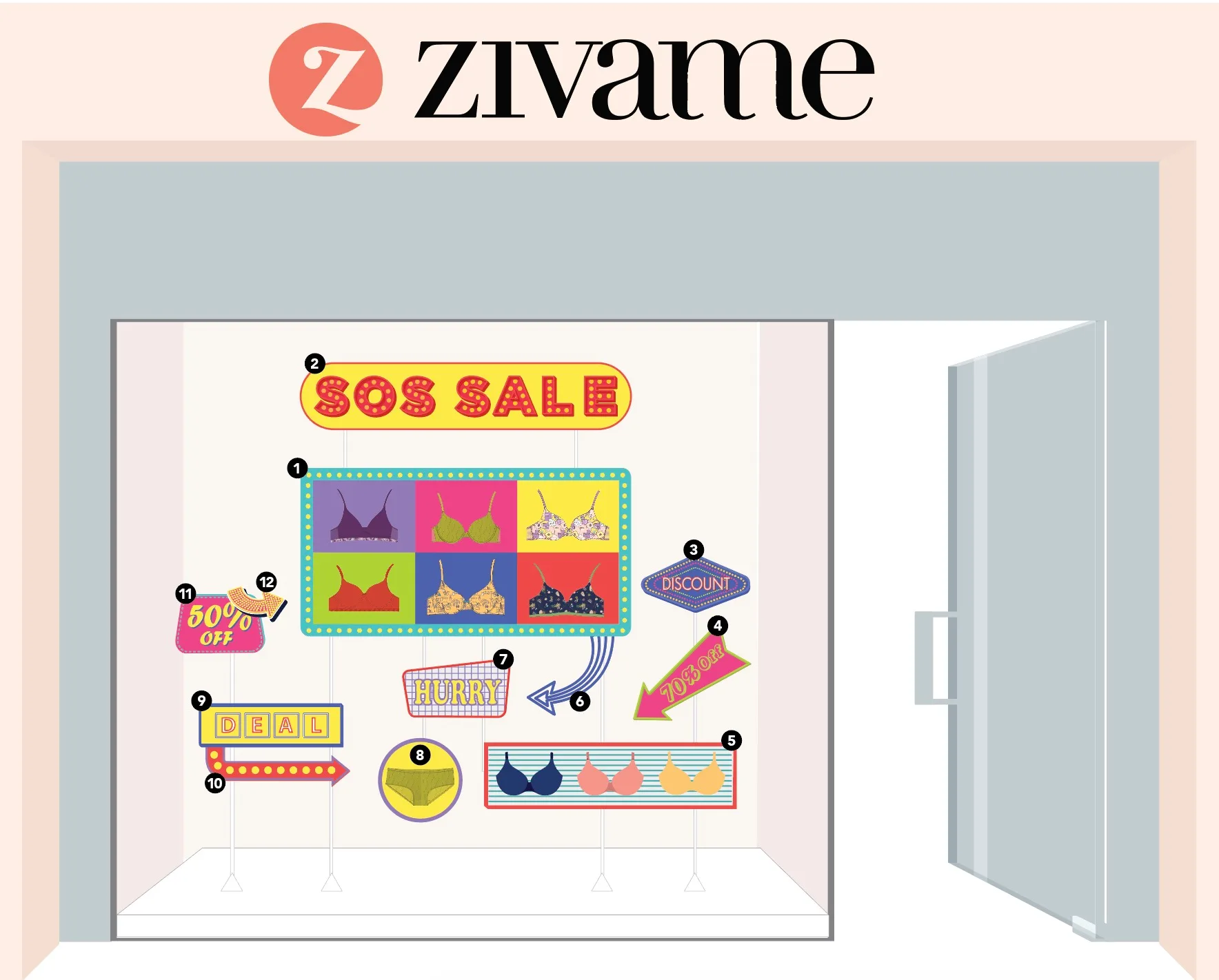 Vintage Neon Sale window display for Zivame, individual display elements